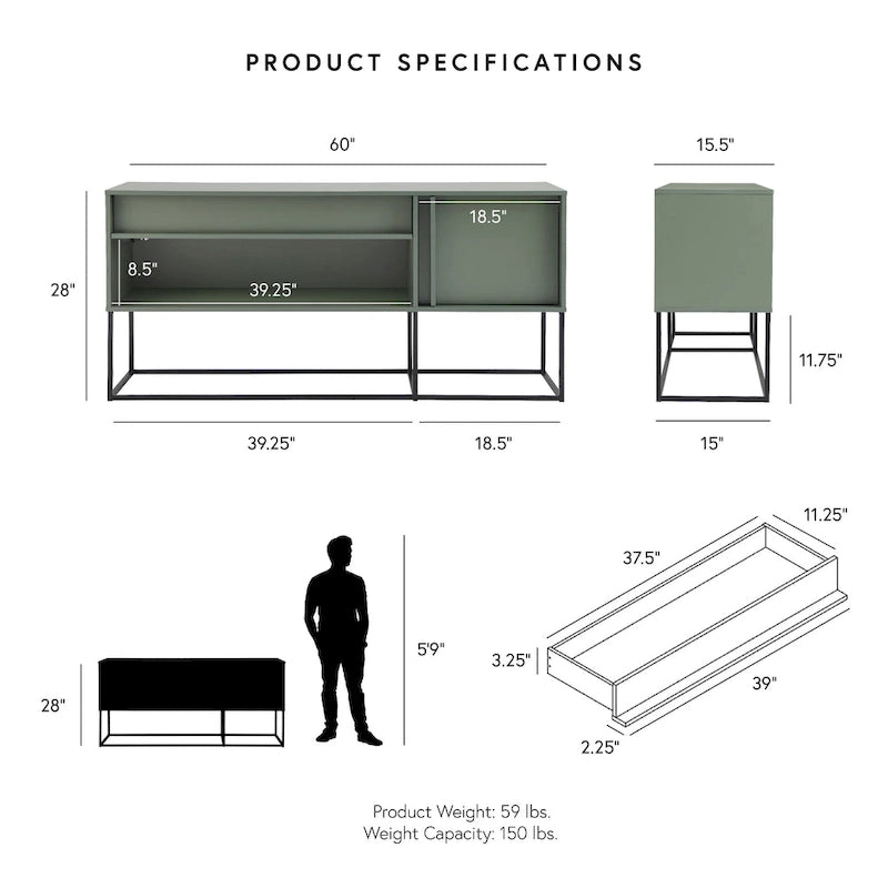 Meuble TV DH BASIC Modern 152 cm avec 16 couleurs de LED, un tiroir et des pieds en métal par Denhour
