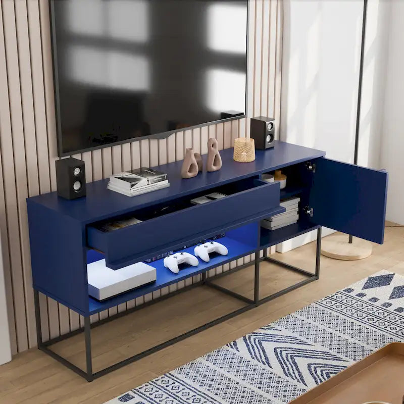 Meuble TV DH BASIC Modern 152 cm avec 16 couleurs de LED, un tiroir et des pieds en métal par Denhour