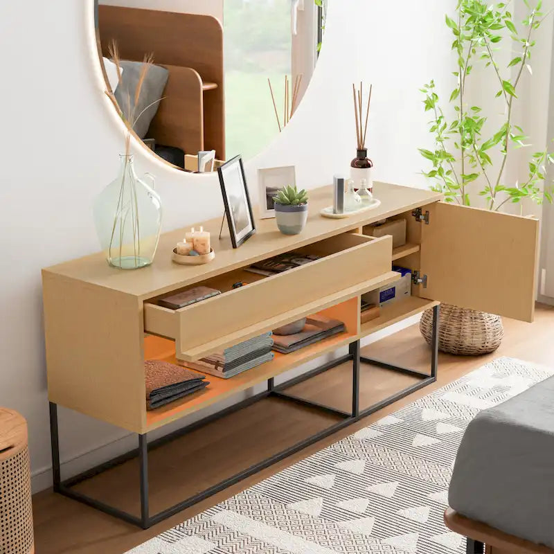 Meuble TV DH BASIC Modern 152 cm avec 16 couleurs de LED, un tiroir et des pieds en métal par Denhour