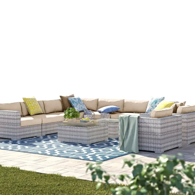 Ensemble de 11 pièces de salon modulable en osier/rotin avec coussins Sunbrella