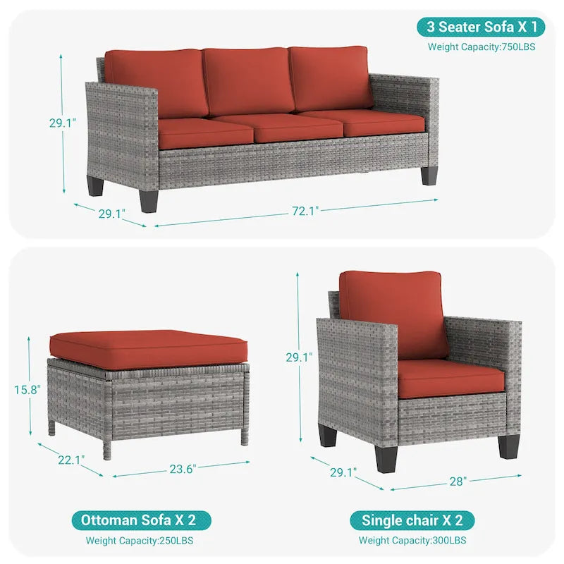 BONOSUKI Salons de jardin 5 pièces en rotin gris