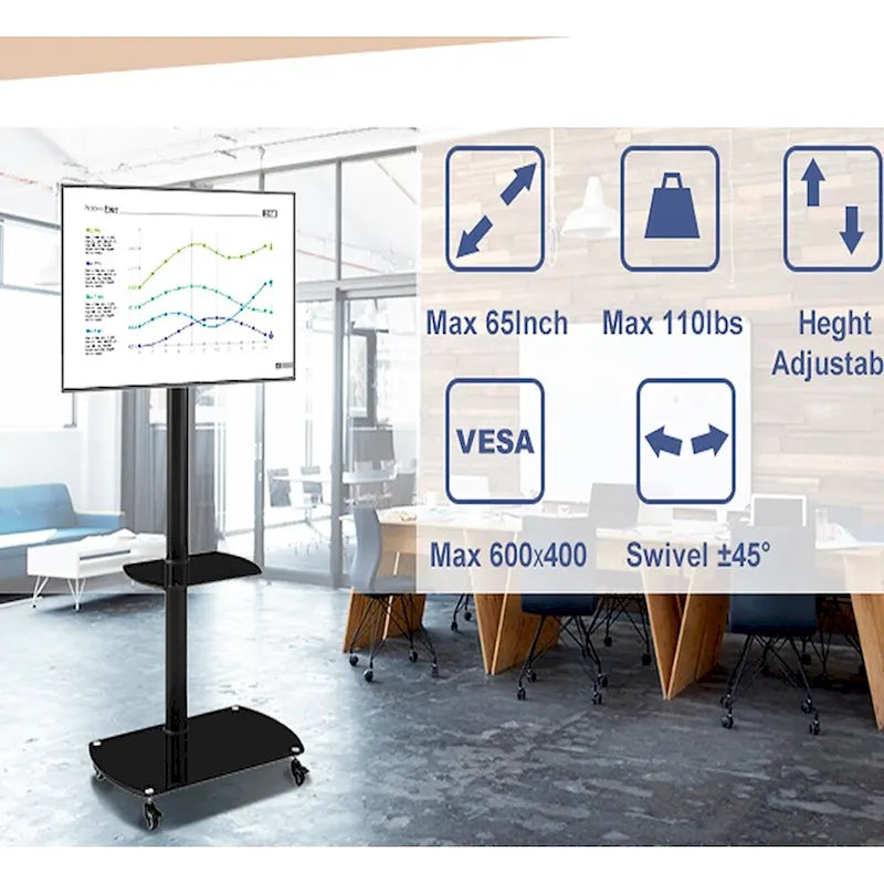 Meuble TV mobile avec support en verre trempé réglable, cadre en métal et roulettes verrouillables
