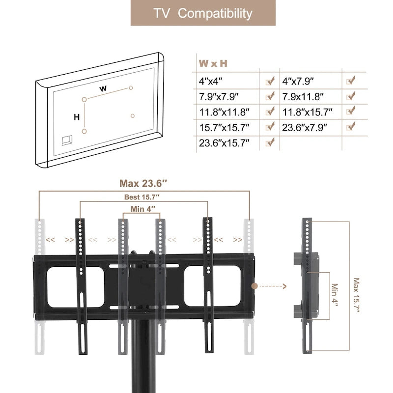 Meuble TV mobile avec support en verre trempé réglable, cadre en métal et roulettes verrouillables