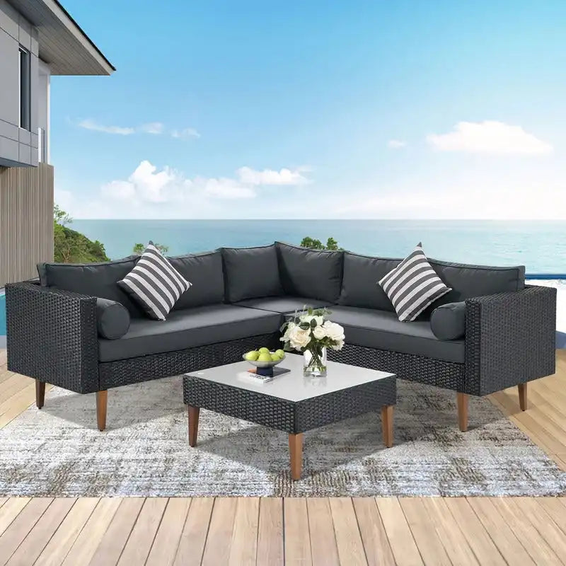 4-pieces Outdoor Patio Wicker L-shape Sofa Set with Pillows