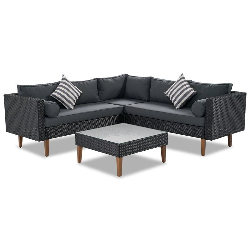 Ensemble de canapé d'angle en osier 4 pièces pour terrasse extérieure avec oreillers