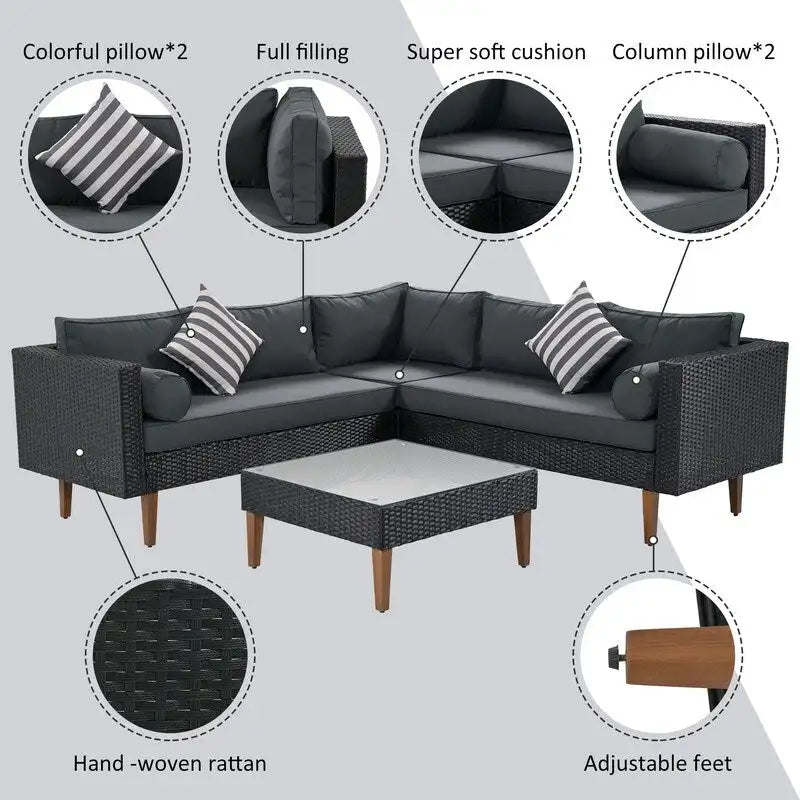 Ensemble de canapé d'angle en osier 4 pièces pour terrasse extérieure avec oreillers