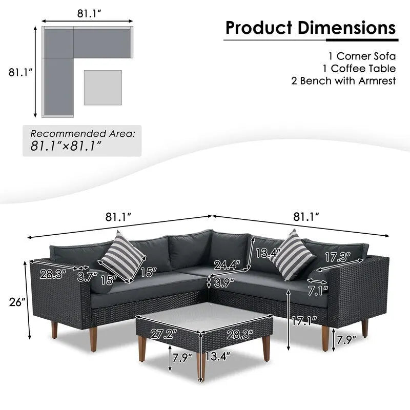 Ensemble de canapé d'angle en osier 4 pièces pour terrasse extérieure avec oreillers