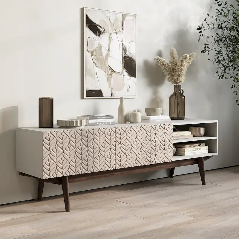 Meuble TV Living Skog Kelly pour téléviseurs jusqu'à 65 po avec pieds en bois au design scandinave moderne du milieu du siècle