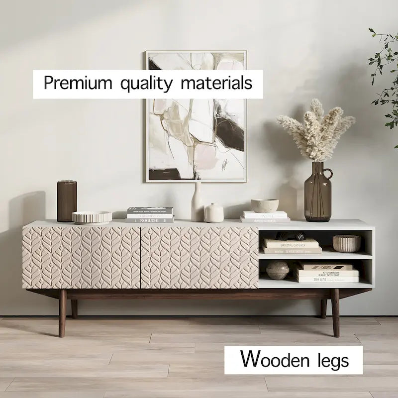 Meuble TV Living Skog Kelly pour téléviseurs jusqu'à 65 po avec pieds en bois au design scandinave moderne du milieu du siècle
