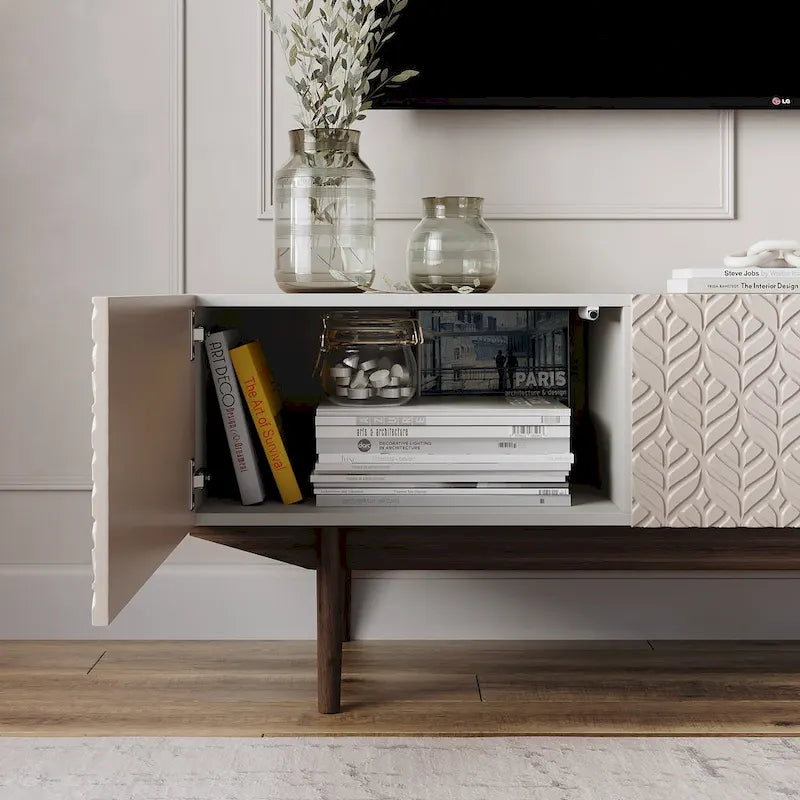 Meuble TV Living Skog Kelly pour téléviseurs jusqu'à 65 po avec pieds en bois au design scandinave moderne du milieu du siècle