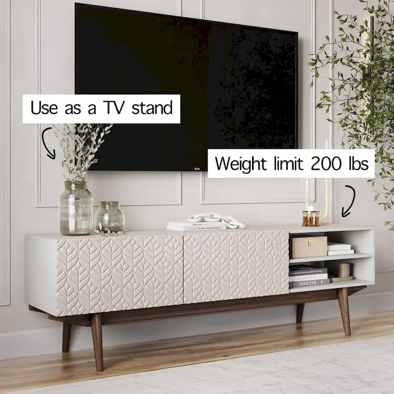 Meuble TV Living Skog Kelly pour téléviseurs jusqu'à 65 po avec pieds en bois au design scandinave moderne du milieu du siècle