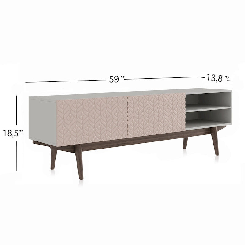 Meuble TV Living Skog Kelly pour téléviseurs jusqu'à 65 po avec pieds en bois au design scandinave moderne du milieu du siècle