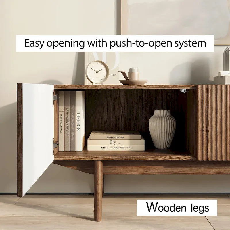 Meuble TV Living Skog Kelly pour téléviseurs jusqu'à 65 po avec pieds en bois au design scandinave moderne du milieu du siècle