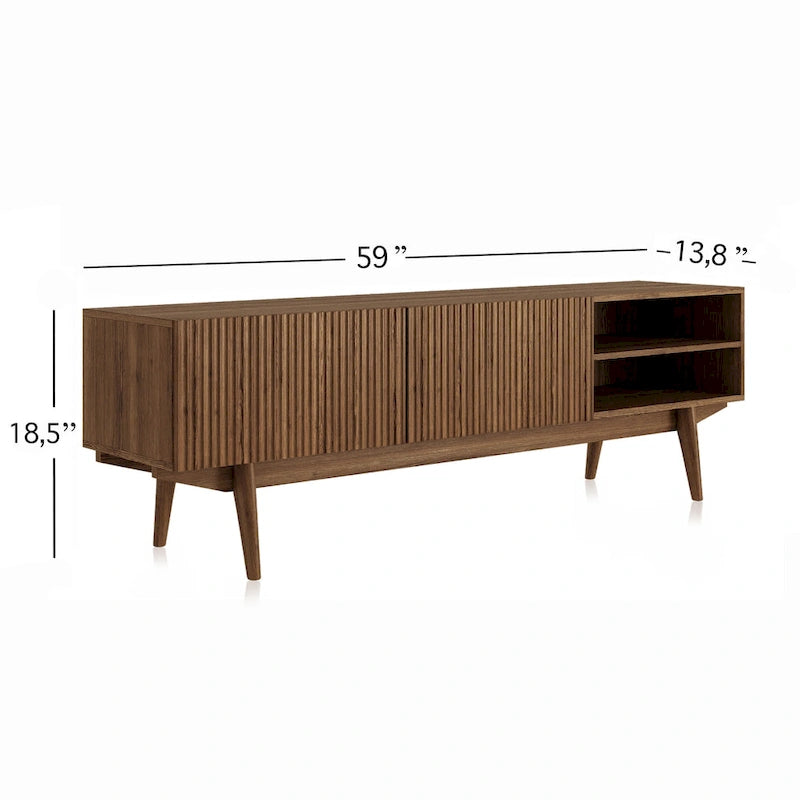Meuble TV Living Skog Kelly pour téléviseurs jusqu'à 65 po avec pieds en bois au design scandinave moderne du milieu du siècle