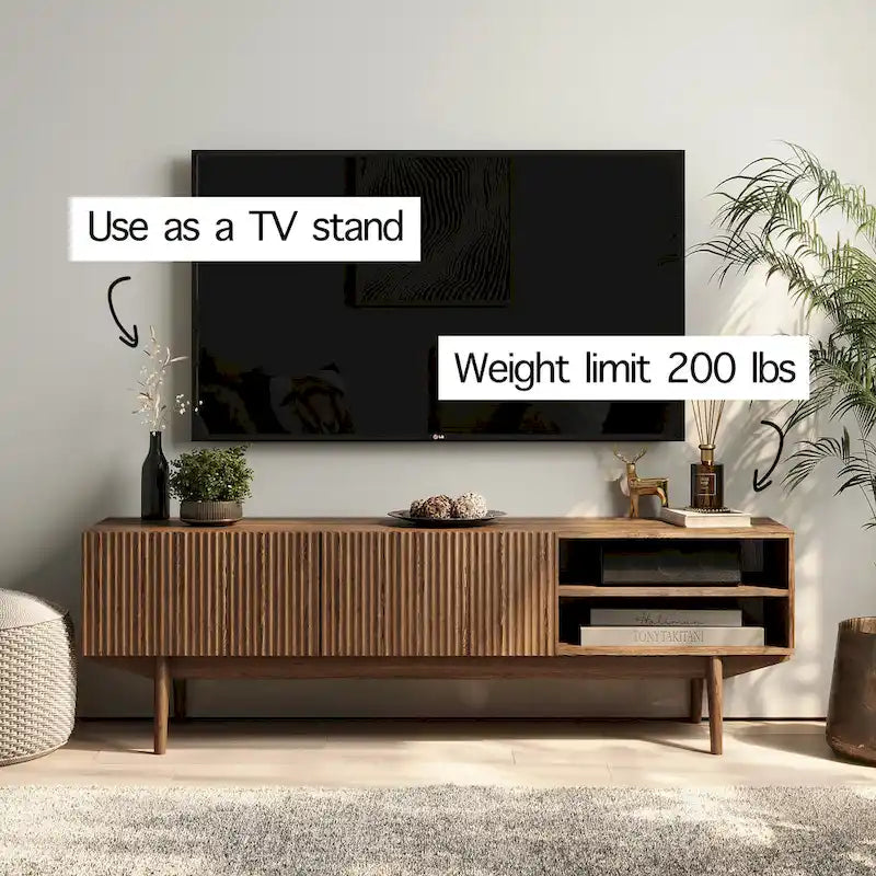 Meuble TV Living Skog Kelly pour téléviseurs jusqu'à 65 po avec pieds en bois au design scandinave moderne du milieu du siècle