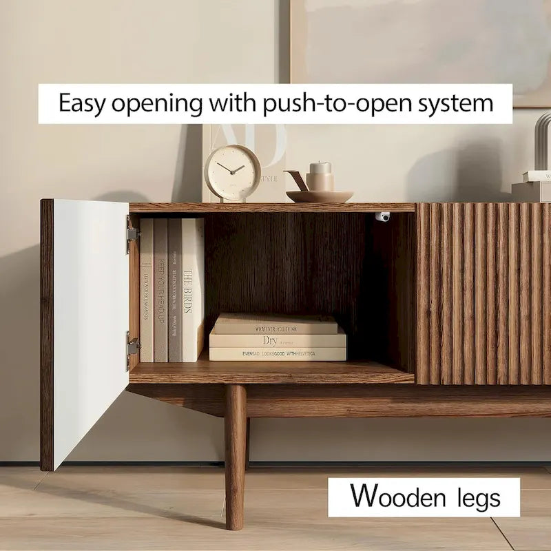 Meuble TV Living Skog Kelly pour téléviseurs jusqu'à 65 po avec pieds en bois au design scandinave moderne du milieu du siècle