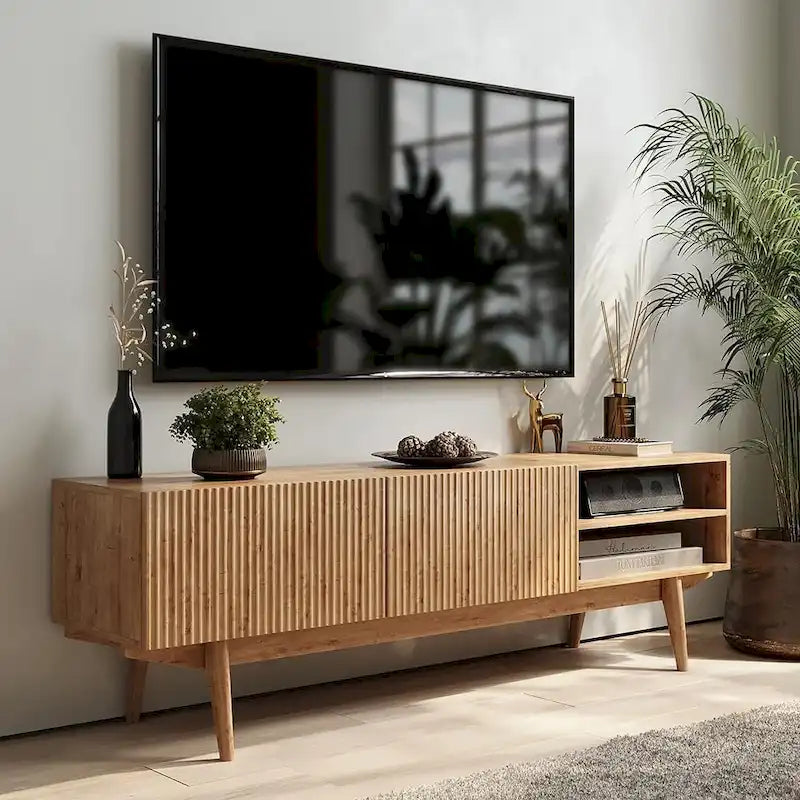Meuble TV Living Skog Kelly pour téléviseurs jusqu'à 65 po avec pieds en bois au design scandinave moderne du milieu du siècle