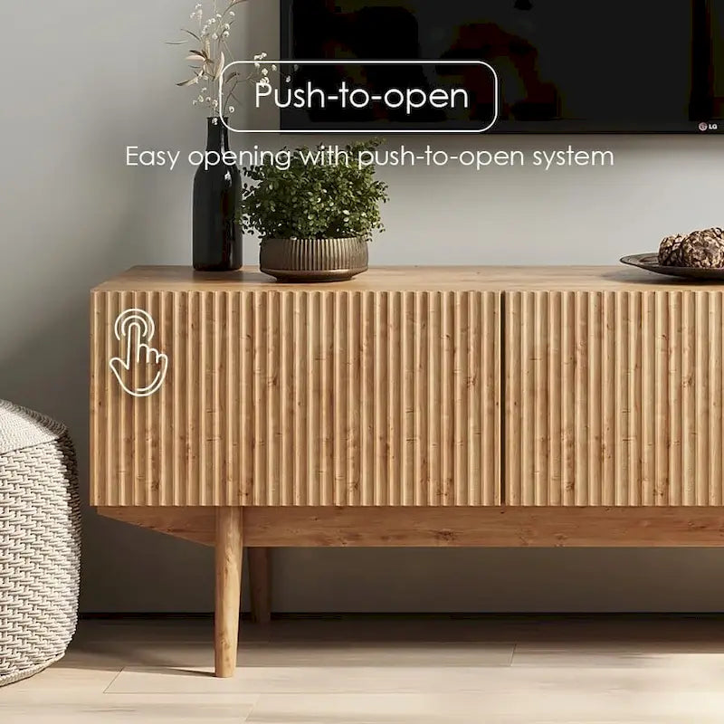 Meuble TV Living Skog Kelly pour téléviseurs jusqu'à 65 po avec pieds en bois au design scandinave moderne du milieu du siècle