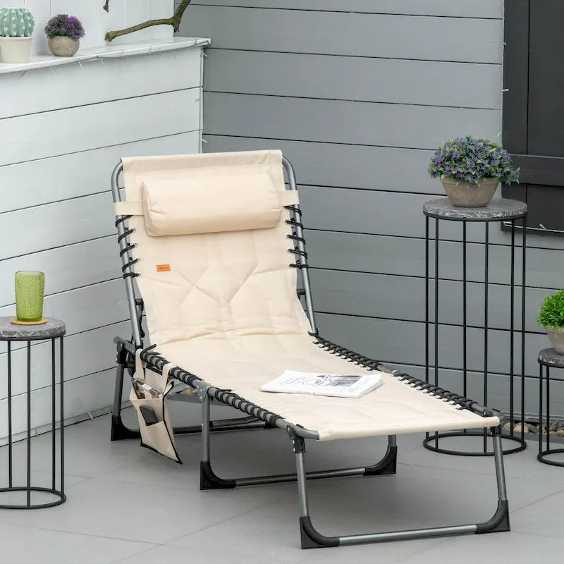 Chaise longue pliante Outsunny, fauteuil inclinable rembourré d'extérieur avec dossier réglable à 5 positions, oreiller et poche