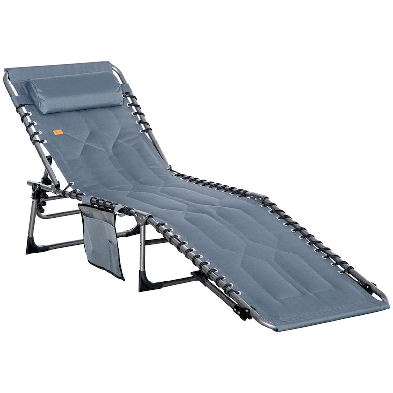 Chaise longue pliante Outsunny, fauteuil inclinable rembourré d'extérieur avec dossier réglable à 5 positions, oreiller et poche