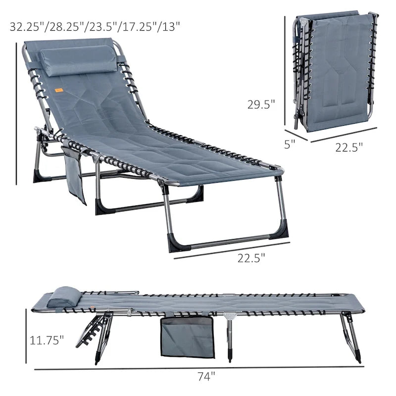 Chaise longue pliante Outsunny, fauteuil inclinable rembourré d'extérieur avec dossier réglable à 5 positions, oreiller et poche