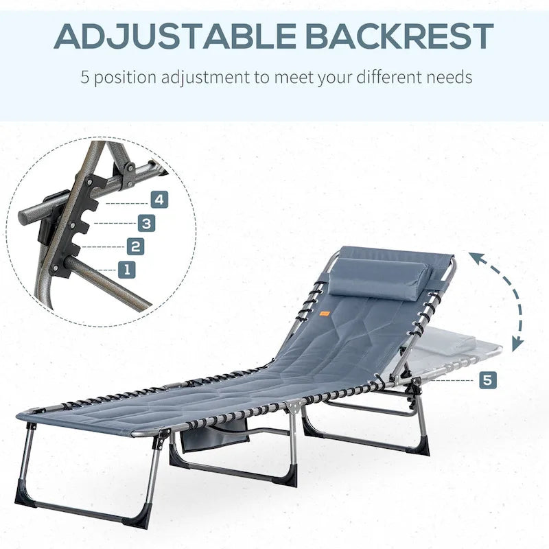 Chaise longue pliante Outsunny, fauteuil inclinable rembourré d'extérieur avec dossier réglable à 5 positions, oreiller et poche