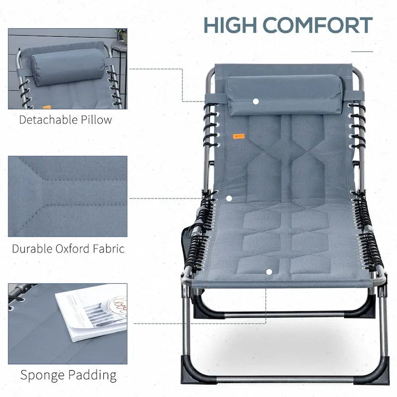 Chaise longue pliante Outsunny, fauteuil inclinable rembourré d'extérieur avec dossier réglable à 5 positions, oreiller et poche