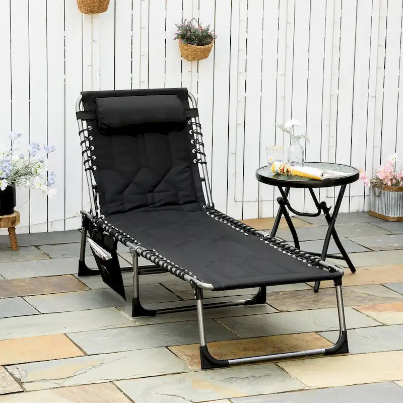 Chaise longue pliante Outsunny, fauteuil inclinable rembourré d'extérieur avec dossier réglable à 5 positions, oreiller et poche
