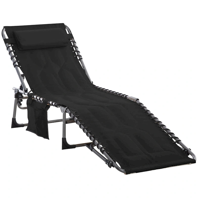 Chaise longue pliante Outsunny, fauteuil inclinable rembourré d'extérieur avec dossier réglable à 5 positions, oreiller et poche