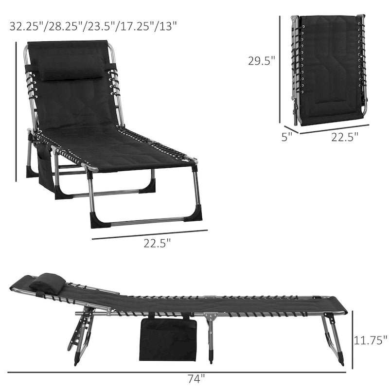Chaise longue pliante Outsunny, fauteuil inclinable rembourré d'extérieur avec dossier réglable à 5 positions, oreiller et poche