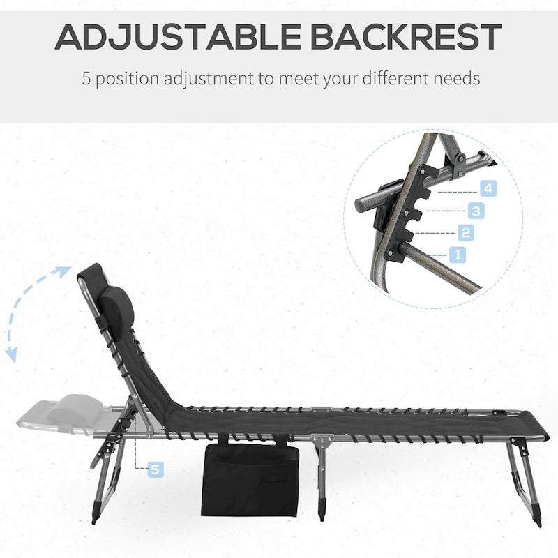 Chaise longue pliante Outsunny, fauteuil inclinable rembourré d'extérieur avec dossier réglable à 5 positions, oreiller et poche