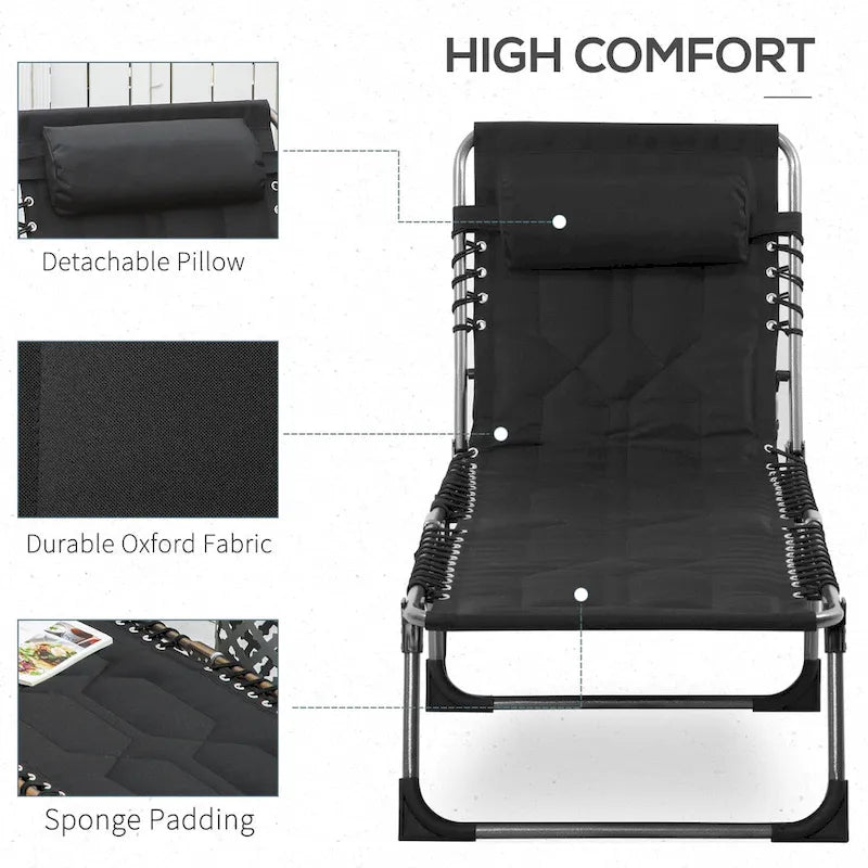 Chaise longue pliante Outsunny, fauteuil inclinable rembourré d'extérieur avec dossier réglable à 5 positions, oreiller et poche