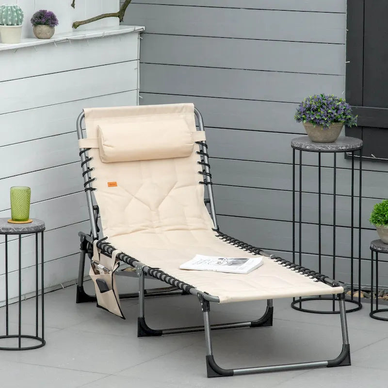 Chaise longue pliante Outsunny, fauteuil inclinable rembourré d'extérieur avec dossier réglable à 5 positions, oreiller et poche
