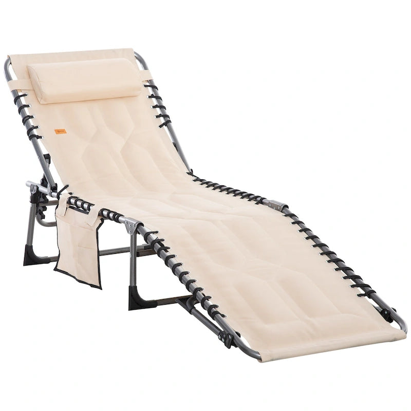 Chaise longue pliante Outsunny, fauteuil inclinable rembourré d'extérieur avec dossier réglable à 5 positions, oreiller et poche
