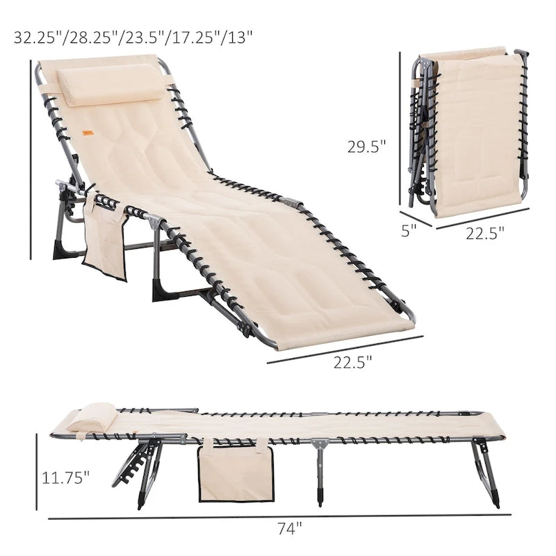 Chaise longue pliante Outsunny, fauteuil inclinable rembourré d'extérieur avec dossier réglable à 5 positions, oreiller et poche