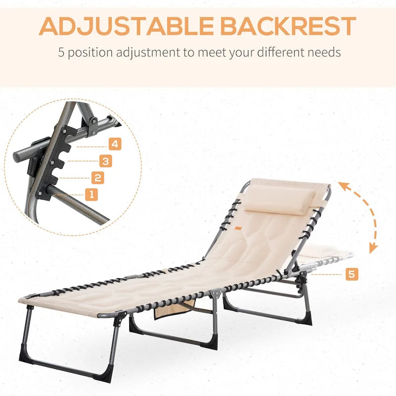 Chaise longue pliante Outsunny, fauteuil inclinable rembourré d'extérieur avec dossier réglable à 5 positions, oreiller et poche
