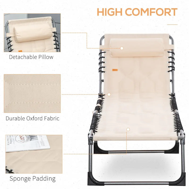 Chaise longue pliante Outsunny, fauteuil inclinable rembourré d'extérieur avec dossier réglable à 5 positions, oreiller et poche