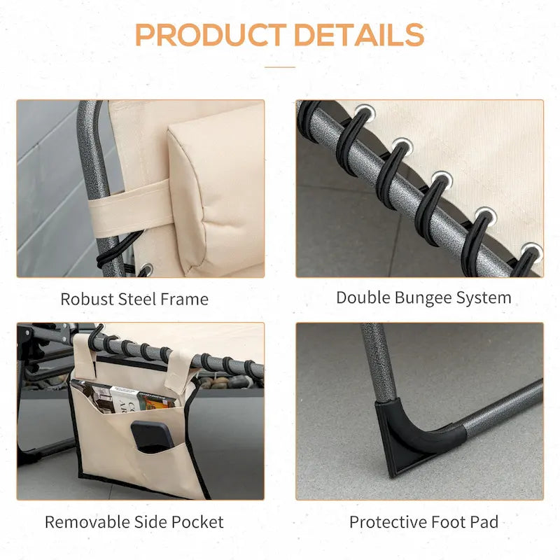 Chaise longue pliante Outsunny, fauteuil inclinable rembourré d'extérieur avec dossier réglable à 5 positions, oreiller et poche