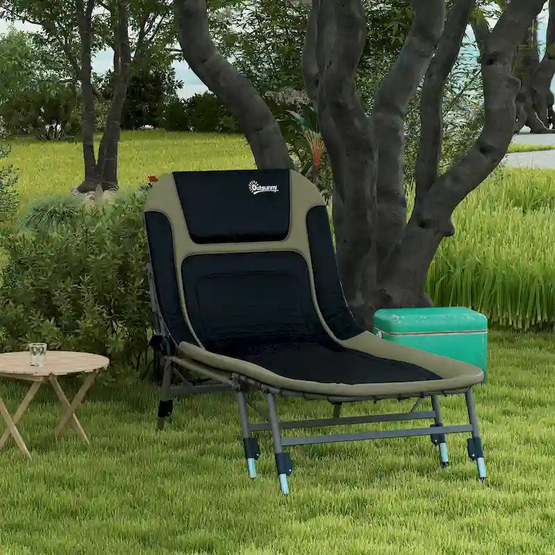 Lit de camping Outsunny pour adultes, lit pliant avec coussins rembourrés doux et appuie-tête, chaise longue inclinable réglable à 180°, robuste