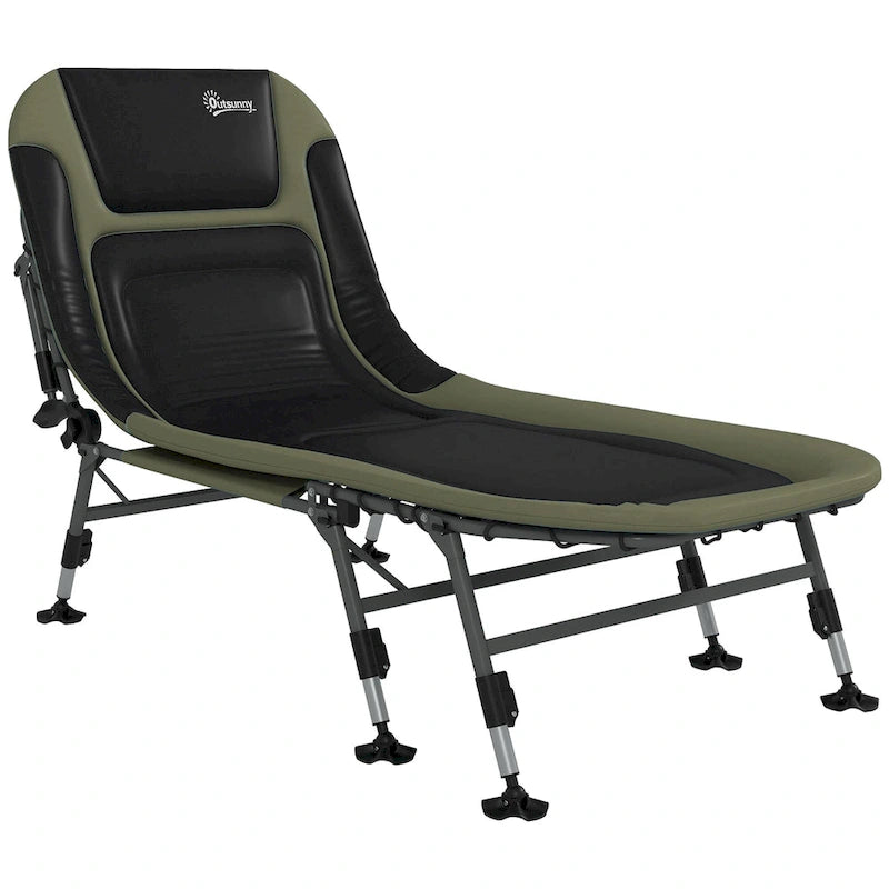 Lit de camping Outsunny pour adultes, lit pliant avec coussins rembourrés doux et appuie-tête, chaise longue inclinable réglable à 180°, robuste