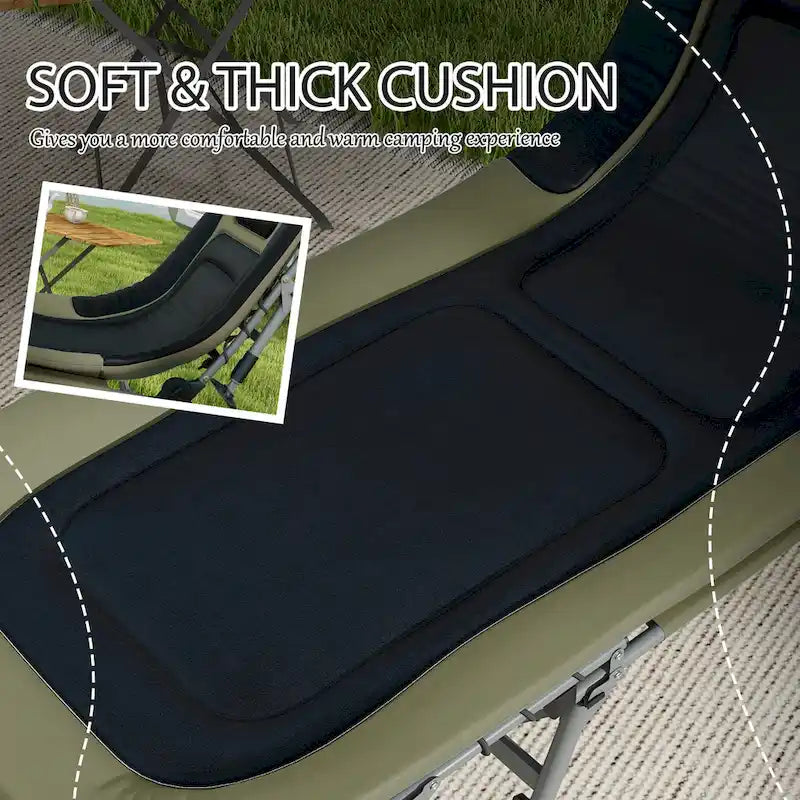 Lit de camping Outsunny pour adultes, lit pliant avec coussins rembourrés doux et appuie-tête, chaise longue inclinable réglable à 180°, robuste