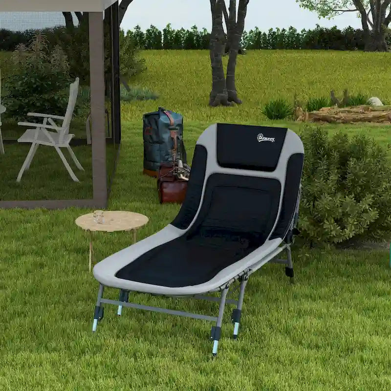 Lit de camping Outsunny pour adultes, lit pliant avec coussins rembourrés doux et appuie-tête, chaise longue inclinable réglable à 180°, robuste