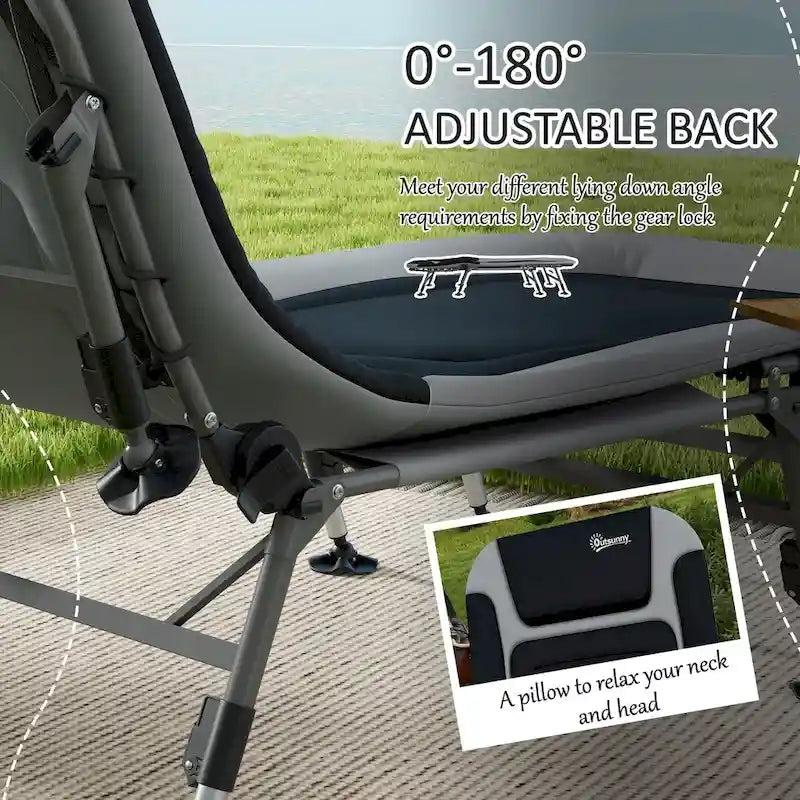 Lit de camping Outsunny pour adultes, lit pliant avec coussins rembourrés doux et appuie-tête, chaise longue inclinable réglable à 180°, robuste