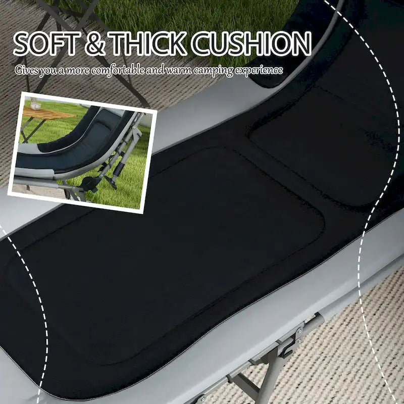 Lit de camping Outsunny pour adultes, lit pliant avec coussins rembourrés doux et appuie-tête, chaise longue inclinable réglable à 180°, robuste