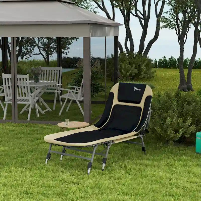Lit de camping Outsunny pour adultes, lit pliant avec coussins rembourrés doux et appuie-tête, chaise longue inclinable réglable à 180°, robuste