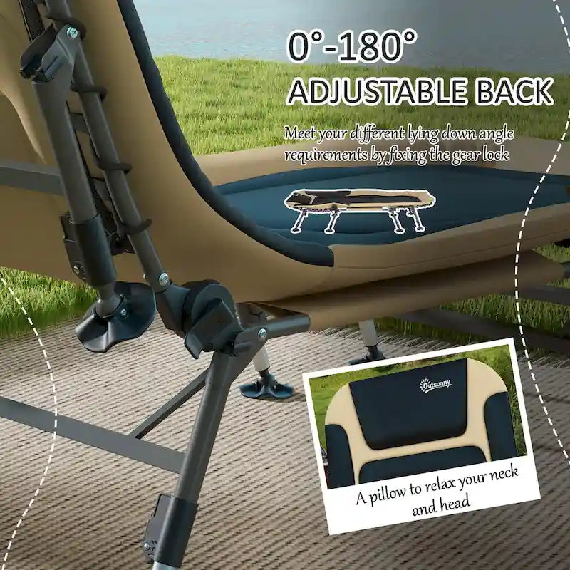 Lit de camping Outsunny pour adultes, lit pliant avec coussins rembourrés doux et appuie-tête, chaise longue inclinable réglable à 180°, robuste