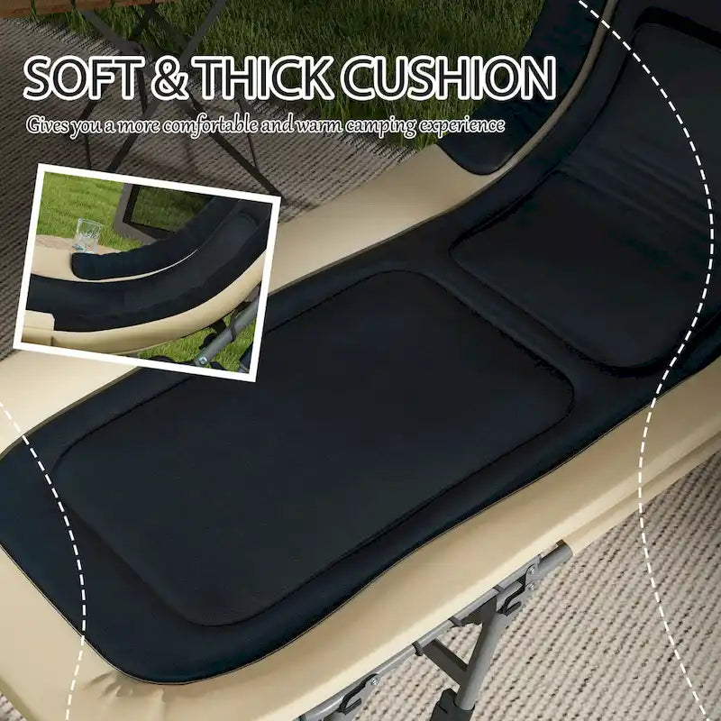 Lit de camping Outsunny pour adultes, lit pliant avec coussins rembourrés doux et appuie-tête, chaise longue inclinable réglable à 180°, robuste