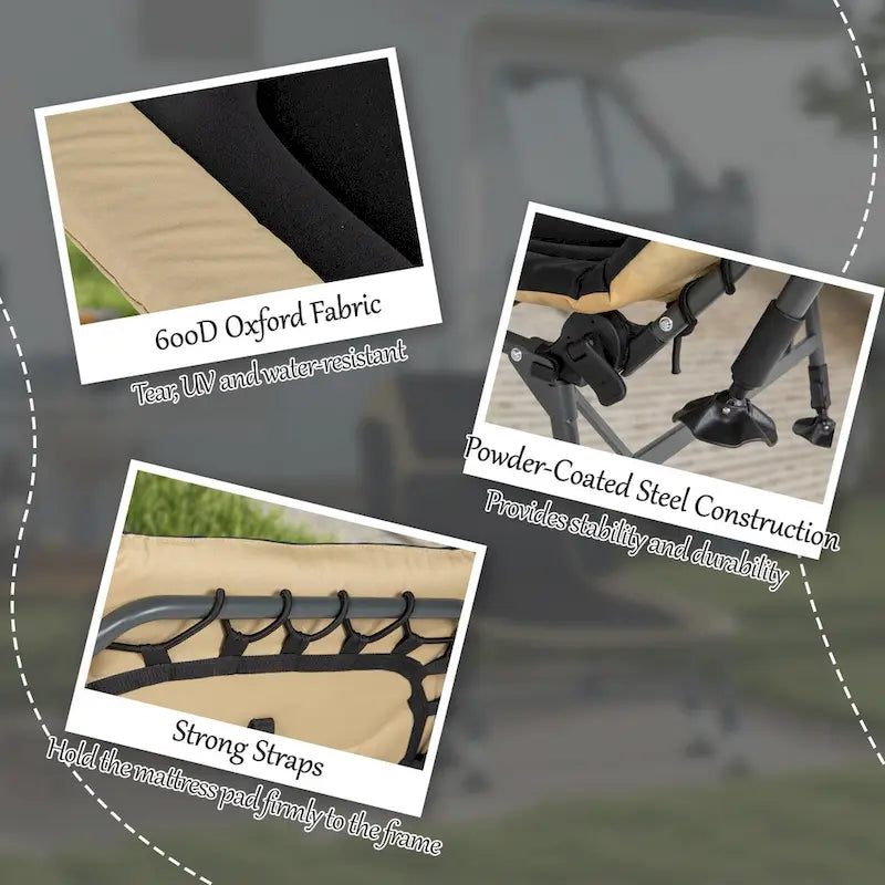 Lit de camping Outsunny pour adultes, lit pliant avec coussins rembourrés doux et appuie-tête, chaise longue inclinable réglable à 180°, robuste
