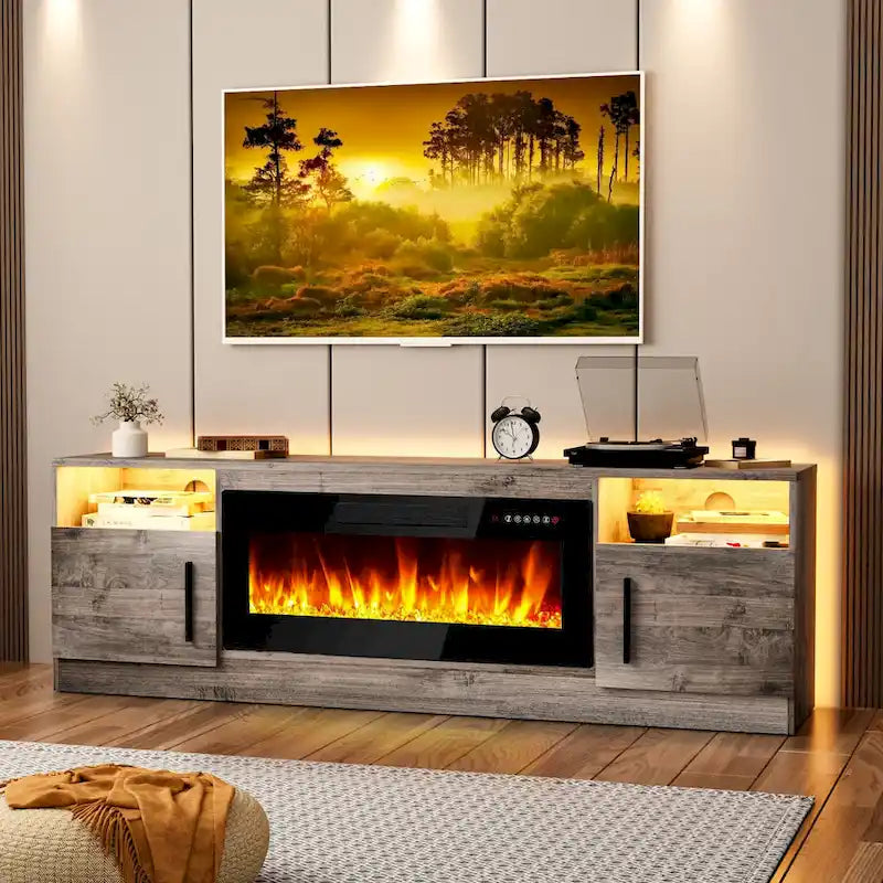 Meuble TV cheminée Bossin 70 avec cheminée électrique 36, meuble TV pour téléviseurs jusqu'à 80 pouces, lumières LED 16 couleurs/centre de divertissement