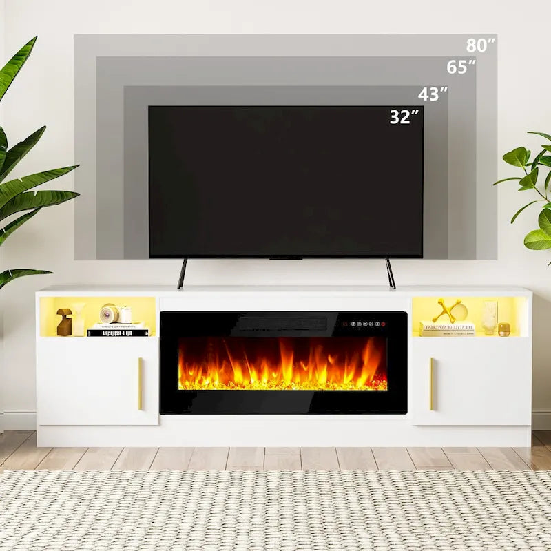 Meuble TV cheminée Bossin 70 avec cheminée électrique 36, meuble TV pour téléviseurs jusqu'à 80 pouces, lumières LED 16 couleurs/centre de divertissement